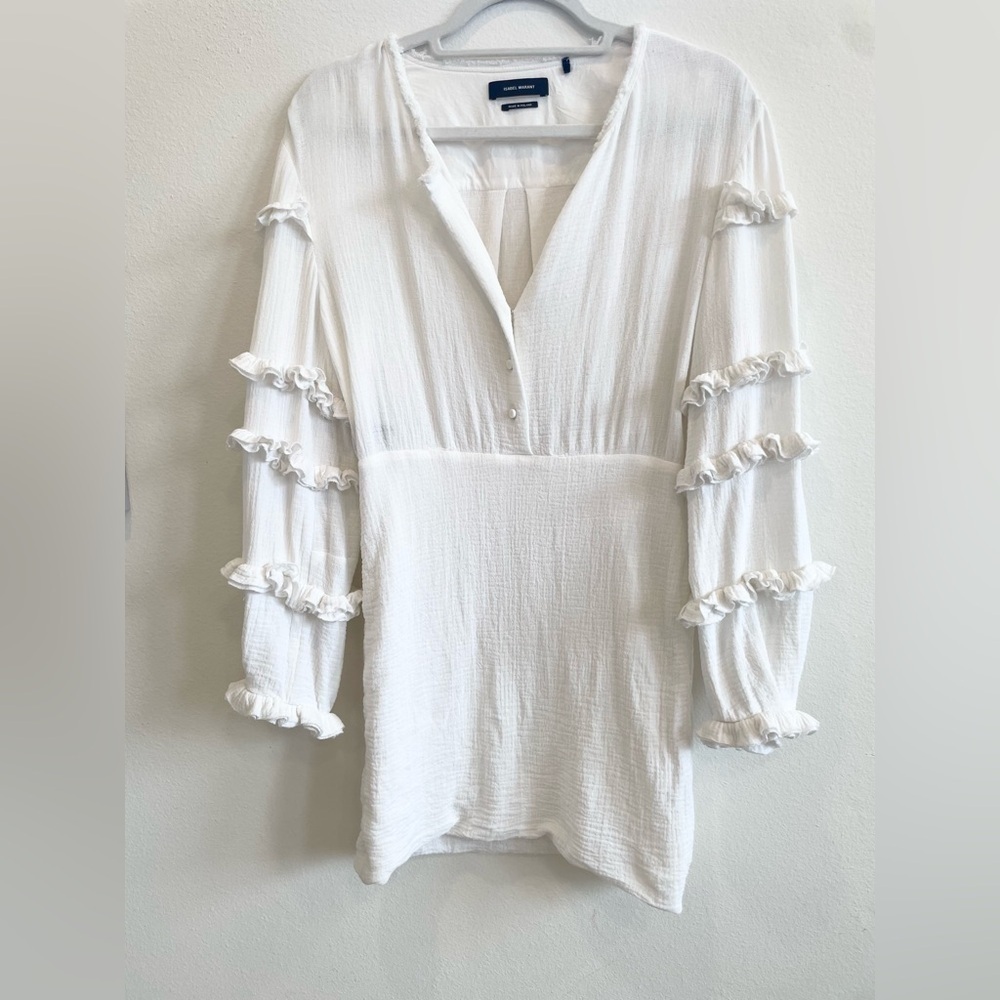 Isabel Marant White Cotton ruffle tiered long sleeve mini dress Size 42 US 10